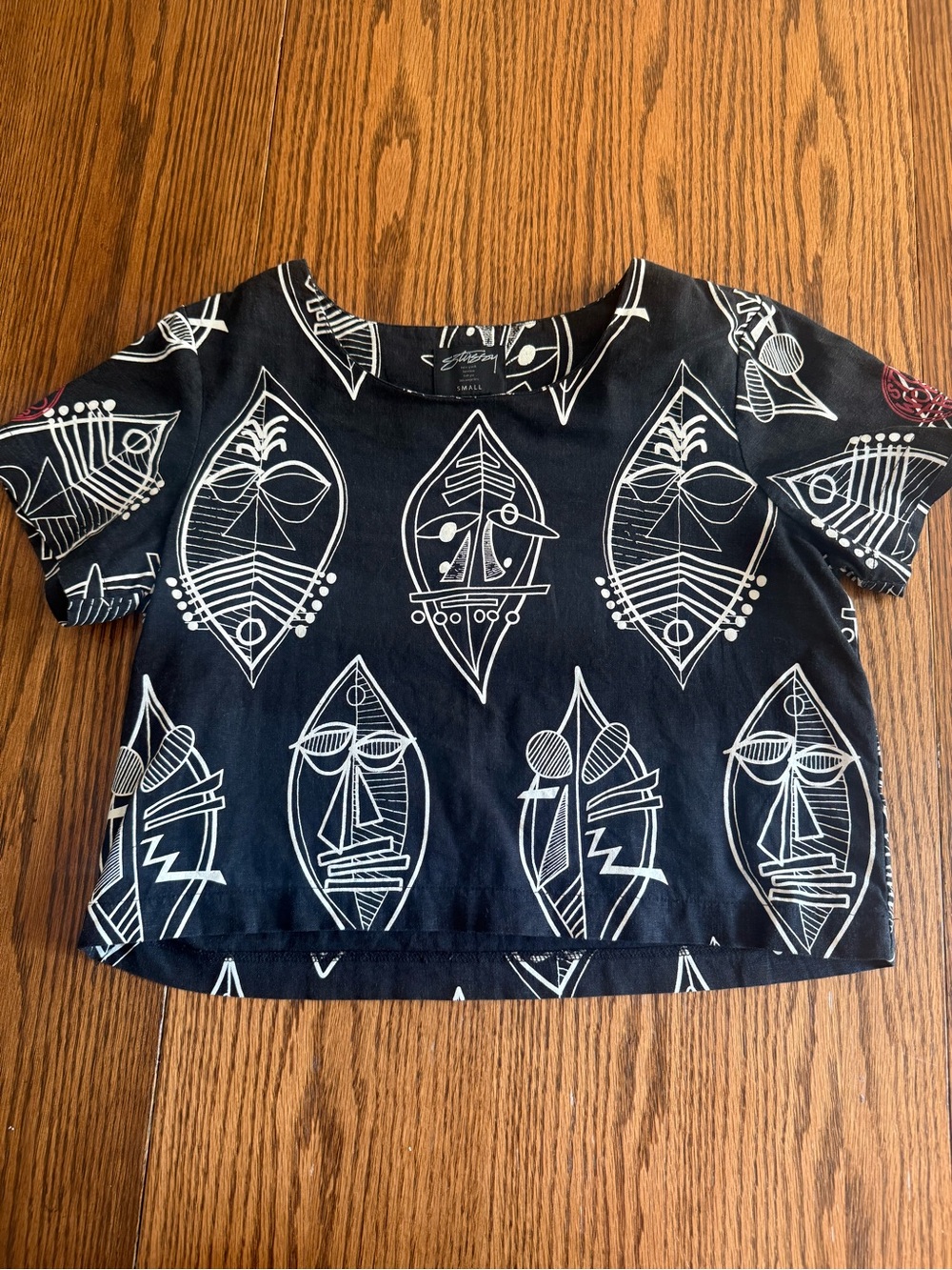 RARE Hypebeast Stussy World Tribe Crop Top Linen Boho Tribal Mask Pattern Small